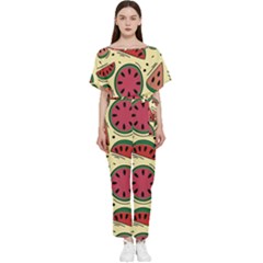 Watermelon Pattern Slices Fruit Batwing Lightweight Chiffon Jumpsuit by Semog4