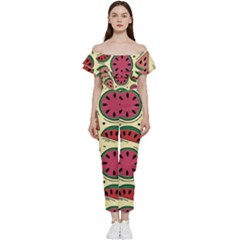 Watermelon Pattern Slices Fruit Off Shoulder Ruffle Top Jumpsuit