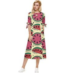 Watermelon Pattern Slices Fruit Bow Sleeve Chiffon Midi Dress by Semog4