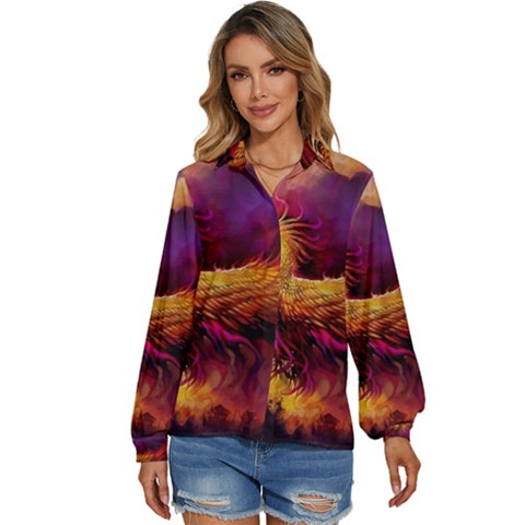 Phoenix Bird Women s Long Sleeve Button Down Shirt by Semog4