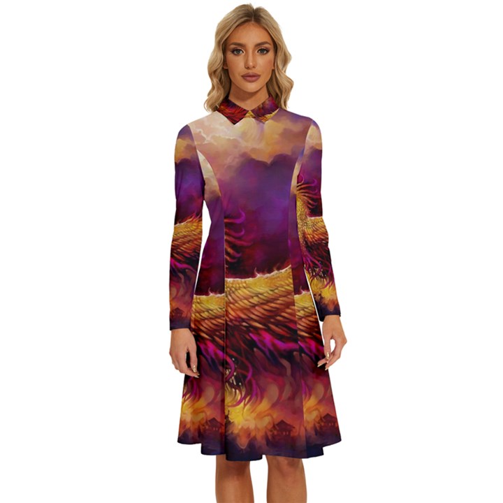 Phoenix Bird Long Sleeve Shirt Collar A-Line Dress