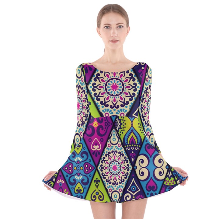 Ethnic Pattern Abstract Long Sleeve Velvet Skater Dress