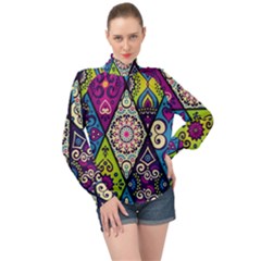 Ethnic Pattern Abstract High Neck Long Sleeve Chiffon Top by Semog4