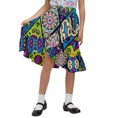 Ethnic Pattern Abstract Kids  Ruffle Flared Wrap Midi Skirt