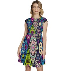 Ethnic Pattern Abstract Cap Sleeve High Waist Dress