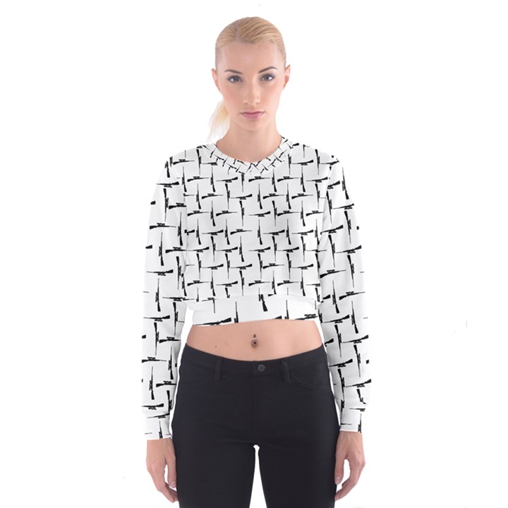 Precision Pursuit: Hunting Motif Black and White Pattern Cropped Sweatshirt