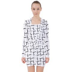 Precision Pursuit: Hunting Motif Black And White Pattern V-neck Bodycon Long Sleeve Dress by dflcprintsclothing