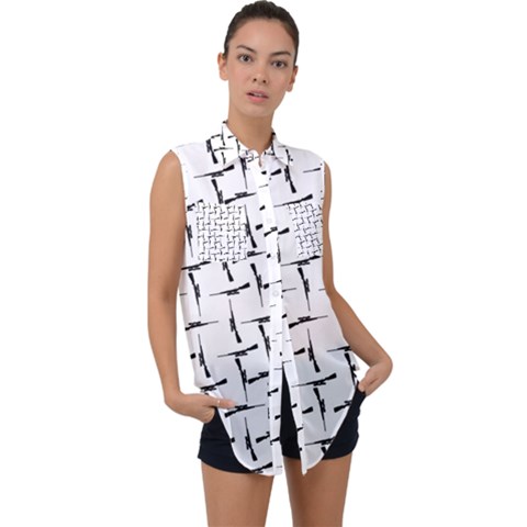 Precision Pursuit: Hunting Motif Black And White Pattern Sleeveless Chiffon Button Shirt by dflcprintsclothing