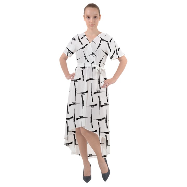 Precision Pursuit: Hunting Motif Black and White Pattern Front Wrap High Low Dress