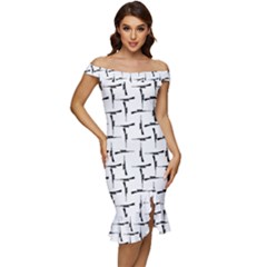 Precision Pursuit: Hunting Motif Black And White Pattern Off Shoulder Ruffle Split Hem Bodycon Dress by dflcprintsclothing