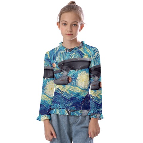 Star Trek Starship The Starry Night Van Gogh Kids  Frill Detail Tee by Semog4