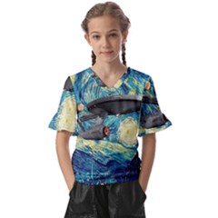 Star Trek Starship The Starry Night Van Gogh Kids  V-neck Horn Sleeve Blouse by Semog4