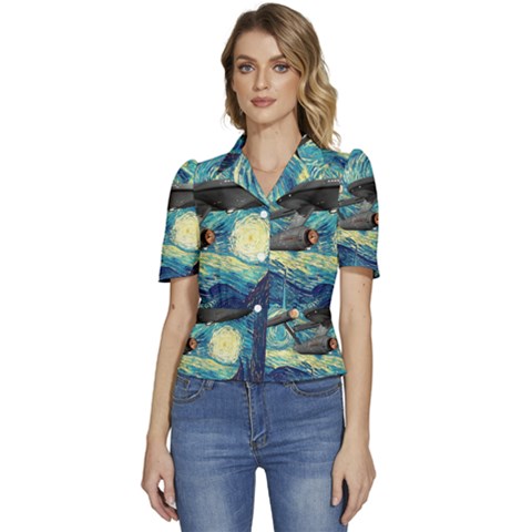 Star Trek Starship The Starry Night Van Gogh Puffed Short Sleeve Button Up Jacket by Semog4