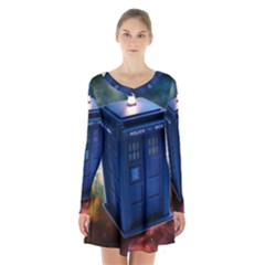 The Police Box Tardis Time Travel Device Used Doctor Who Long Sleeve Velvet V-neck Dress by Semog4