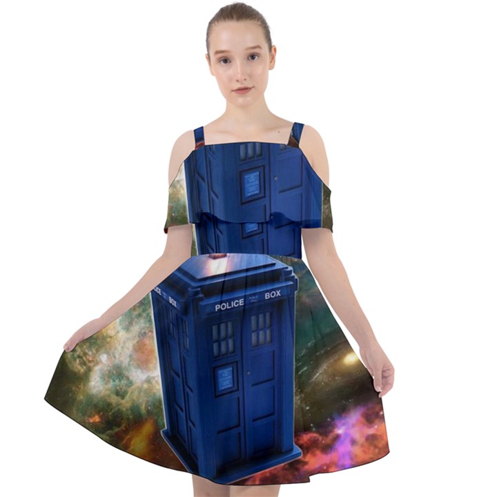 The Police Box Tardis Time Travel Device Used Doctor Who Cut Out Shoulders Chiffon Dress