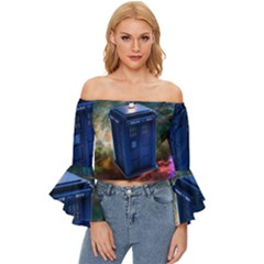 The Police Box Tardis Time Travel Device Used Doctor Who Off Shoulder Flutter Bell Sleeve Top by Semog4