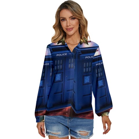 The Police Box Tardis Time Travel Device Used Doctor Who Women s Long Sleeve Button Down Shirt by Semog4