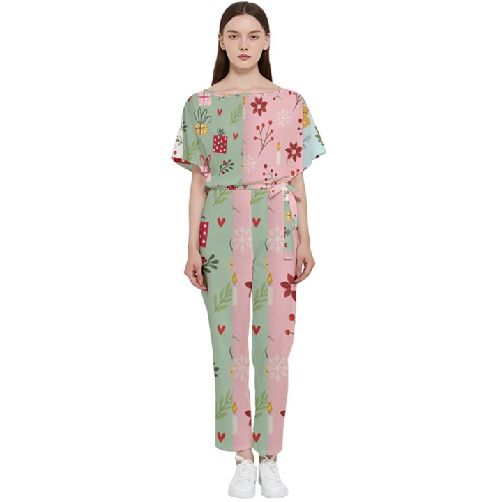 Flat Christmas Pattern Collection Batwing Lightweight Chiffon Jumpsuit