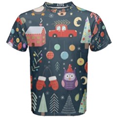 Vector Set Cute Christmas Elements Santa-penguin Deer Bear Fox Owl Trees Snowman Bird Angel More Men s Cotton Tee by Semog4