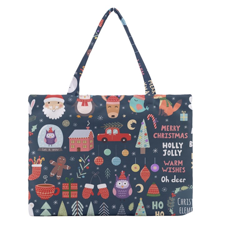 Vector Set Cute Christmas Elements santa-penguin Deer Bear Fox Owl Trees Snowman Bird Angel More Zipper Medium Tote Bag