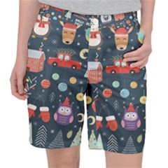 Vector Set Cute Christmas Elements Santa-penguin Deer Bear Fox Owl Trees Snowman Bird Angel More Women s Pocket Shorts by Semog4