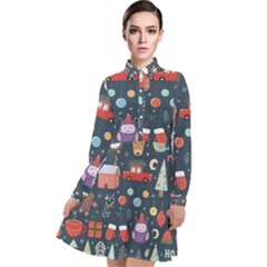 Vector Set Cute Christmas Elements Santa Penguin Deer Bear Fox Owl Trees Snowman Bird Angel More Long Sleeve Chiffon Shirt Dress by Semog4