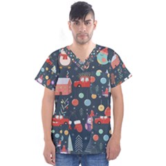 Vector Set Cute Christmas Elements Santa Penguin Deer Bear Fox Owl Trees Snowman Bird Angel More Men s V-neck Scrub Top