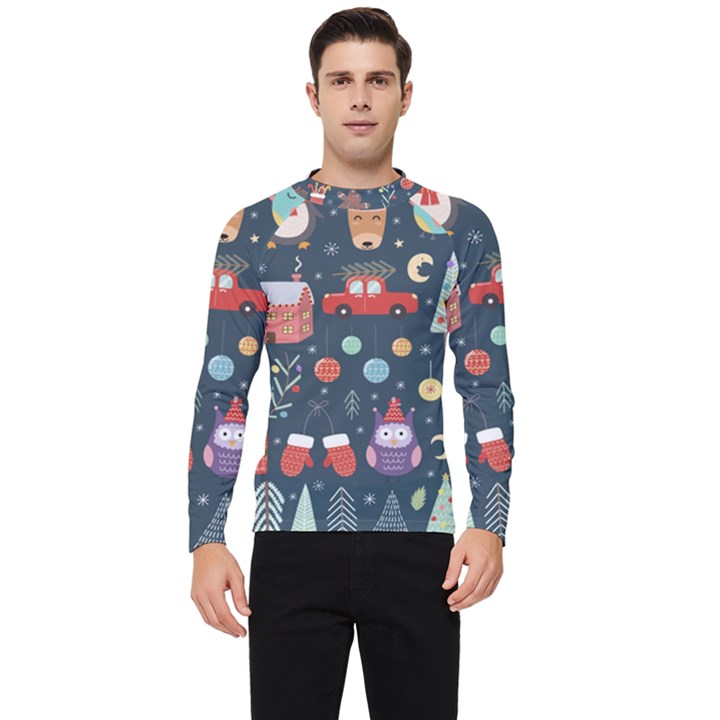 Vector Set Cute Christmas Elements Santa Penguin Deer Bear Fox Owl Trees Snowman Bird Angel More Men s Long Sleeve Rash Guard