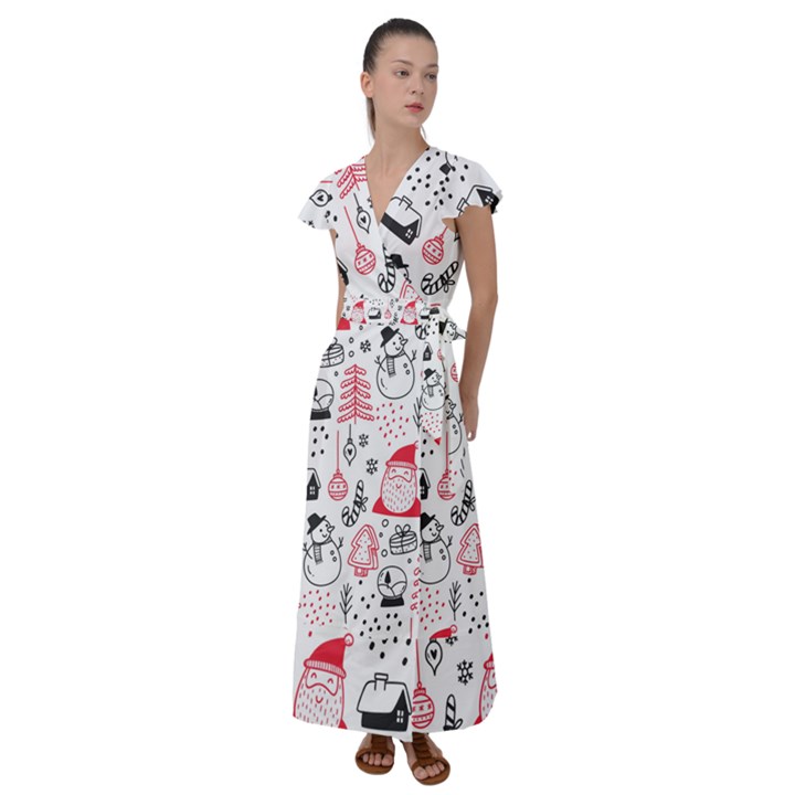 Christmas Themed Seamless Pattern Flutter Sleeve Maxi Dress