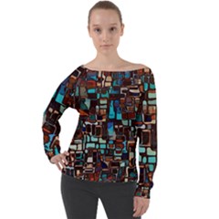 Stained Glass Mosaic Abstract Off Shoulder Long Sleeve Velour Top by Semog4