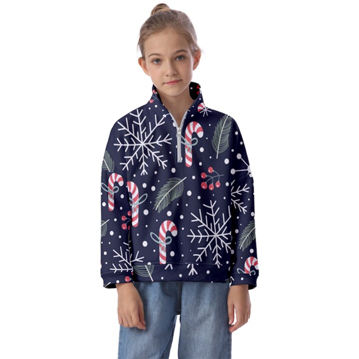 Holiday Seamless Pattern With Christmas Candies Snoflakes Fir Branches Berries Kids  Half Zip Hoodie