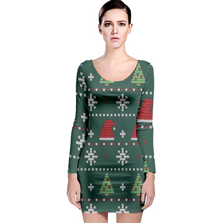 Beautiful Knitted Christmas Pattern Long Sleeve Bodycon Dress