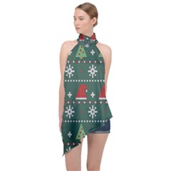 Beautiful Knitted Christmas Pattern Halter Asymmetric Satin Top by Semog4