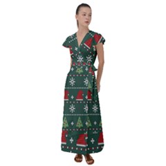 Beautiful Knitted Christmas Pattern Flutter Sleeve Maxi Dress by Semog4