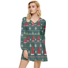 Beautiful Knitted Christmas Pattern Tiered Long Sleeve Mini Dress