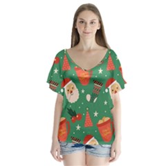 Colorful Funny Christmas Pattern V-neck Flutter Sleeve Top by Semog4