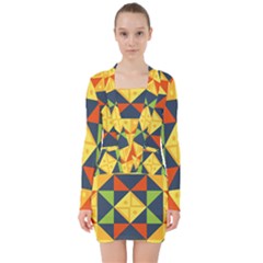 Background Geometric Color V-neck Bodycon Long Sleeve Dress by Semog4