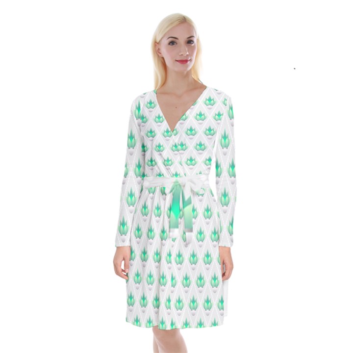 Plant Pattern Green Leaf Flora Long Sleeve Velvet Front Wrap Dress