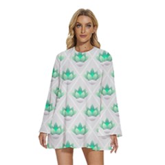 Plant Pattern Green Leaf Flora Round Neck Long Sleeve Bohemian Style Chiffon Mini Dress