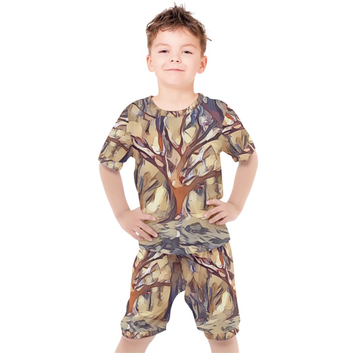 Tree Forest Woods Nature Landscape Kids  Tee and Shorts Set