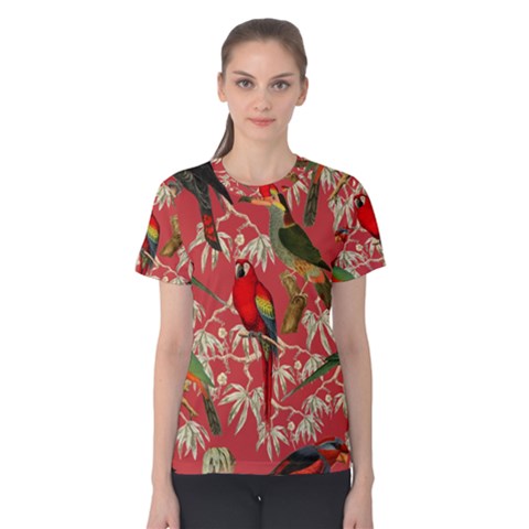 Vintage Tropical Birds Pattern In Pink Women s Cotton Tee by CCBoutique