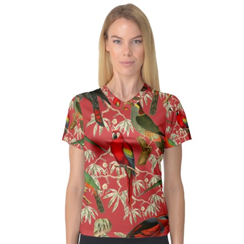 Vintage Tropical Birds Pattern In Pink V-neck Sport Mesh Tee by CCBoutique