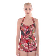 Vintage Tropical Birds Pattern In Pink Boyleg Halter Swimsuit  by CCBoutique