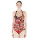 Vintage Tropical Birds Pattern in Pink Halter Swimsuit View1