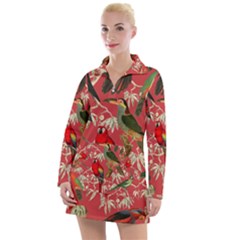 Vintage Tropical Birds Pattern In Pink Women s Long Sleeve Casual Dress by CCBoutique