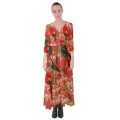 Vintage Tropical Birds Pattern In Pink Button Up Maxi Dress