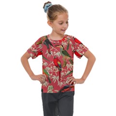 Vintage Tropical Birds Pattern In Pink Kids  Mesh Piece Tee