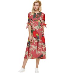 Vintage Tropical Birds Pattern In Pink Bow Sleeve Chiffon Midi Dress by CCBoutique