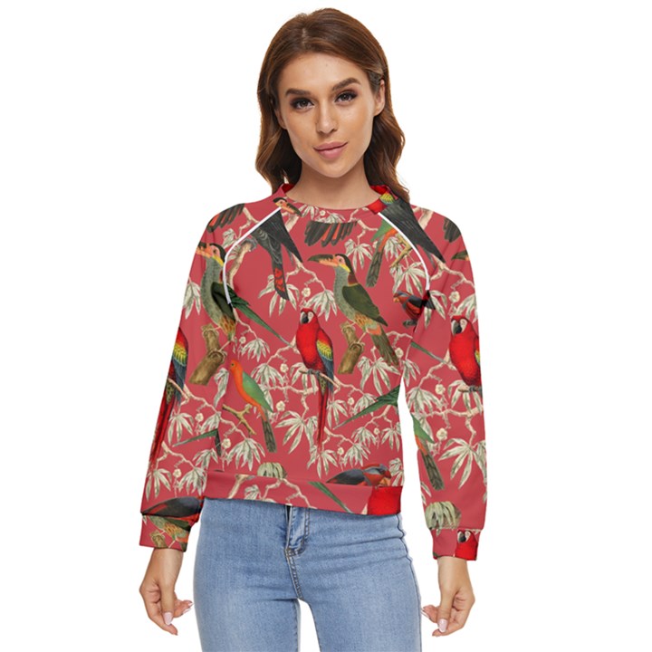 Vintage Tropical Birds Pattern in Pink Women s Long Sleeve Raglan Tee