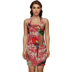 Vintage Tropical Birds Pattern In Pink Sleeveless Wide Square Neckline Ruched Bodycon Dress by CCBoutique